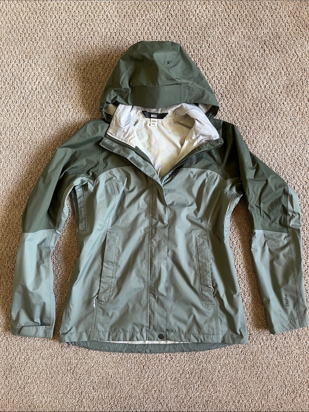 REI Women's Hooded Rain Jacket in Sage Green